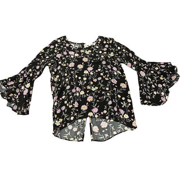 LC Lauren Conrad Boho Floral Bell Sleeve Blouse Medium Ruffle Flutter Sleeve - Picture 10 of 12